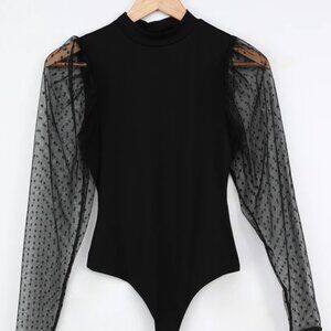 NEW Lulus Save a Spot Black Mock Neck Polka Dot Long Sleeve Bodysuit
